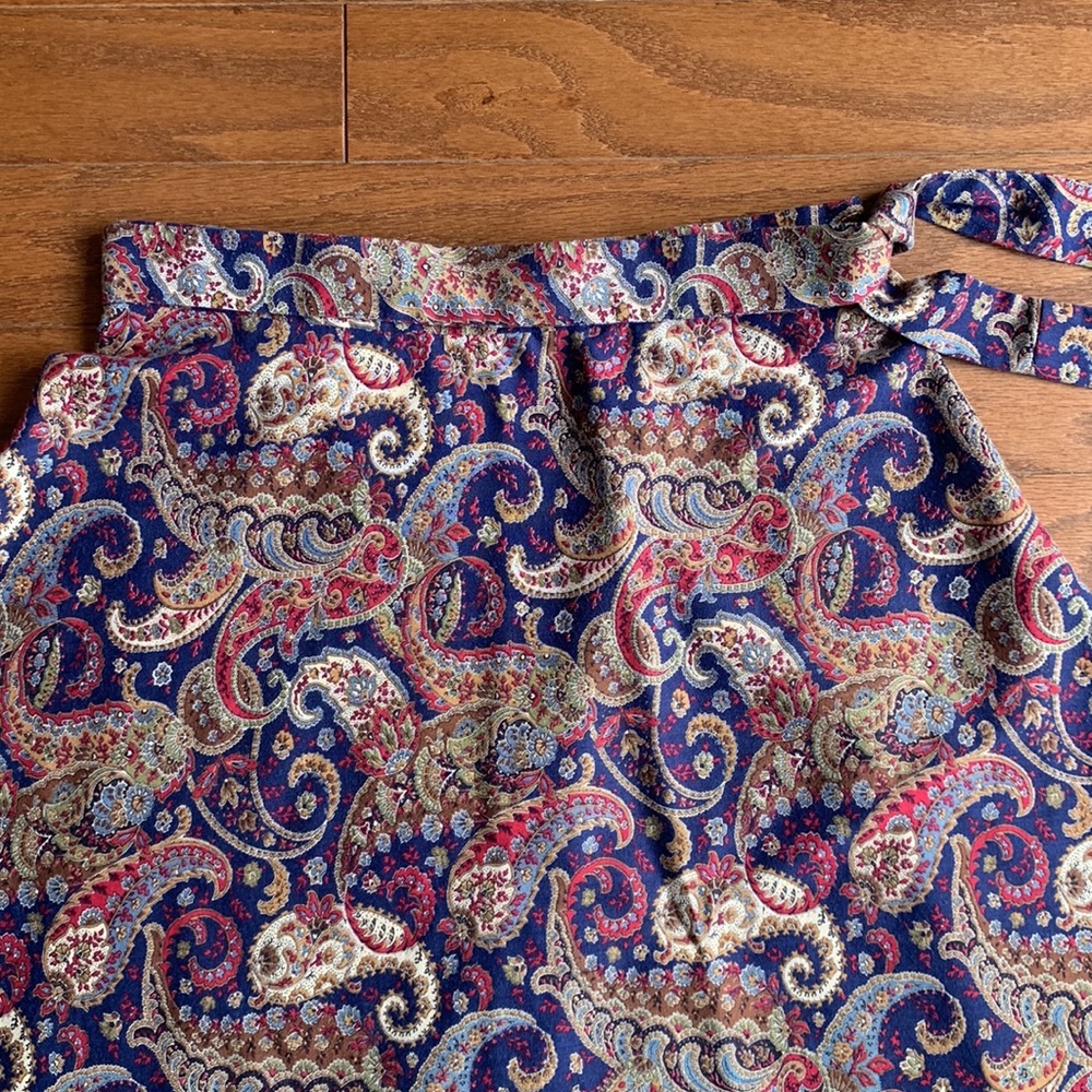 Vintage Wrap Skirt Paisley Print Tan 70s 80s Navy Tan Size Medium - Picture 9 of 9
